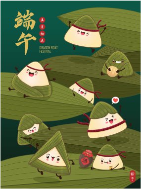 Klasik Çin mantısı çizgi film karakteri. Ejderha teknesi festivali illüstrasyonu. Çince 