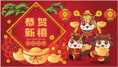 Atlı klasik Çin yılbaşı poster tasarımı. Çince 'de 