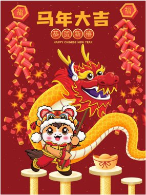 Atlı klasik Çin yılbaşı poster tasarımı. Çince 'de 