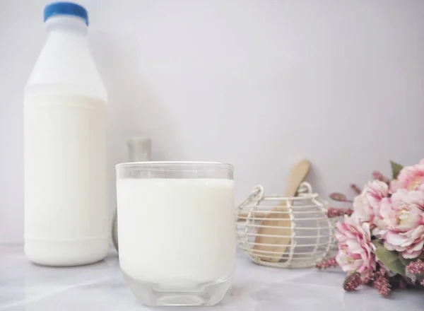 Färsk Mjölk Mejeri Flaska Med Mjölkglas — Stockfoto