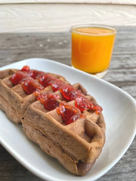 Breakfast Waffle Chocolate Strawberry Jam Orange Juice — Stock Photo, Image