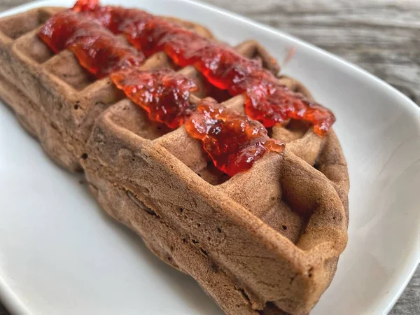 Breakfast Waffle Chocolate Strawberry Jam — Stock Photo, Image