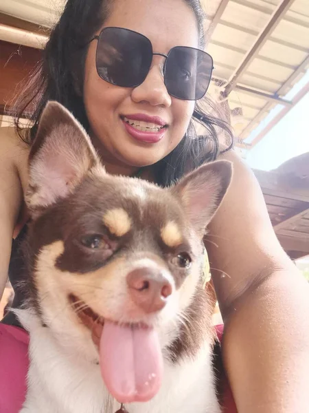 Asiático Mulher Feliz Sorriso Dobrando Cão Dela — Fotografia de Stock