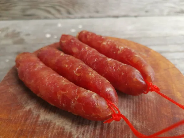 Chinese Sausage Pork Wood Background — Stock Photo, Image