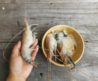 Ahşap arka planda taze karides deniz ürünleri