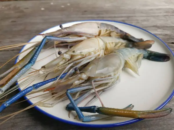 Frische Garnelen Meeresfrüchte Auf Tisch Holz Hintergrund — Stockfoto