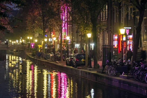 Colorful Lights Reflected Canal Water Red Light District Amsterdam Netherlands — стокове фото