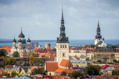 Aziz Olafs 'ın kilise kulesi de dahil eski Tallinn şehri manzarası. Estonya