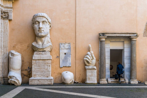 Fragments of the statue of emperor Constantine in the Capitoline Museum in Rome, Italy