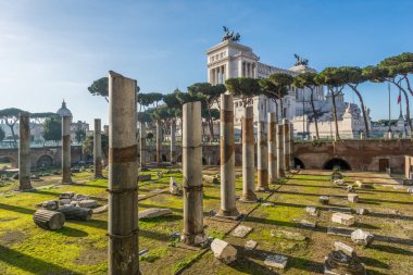Trajan forumu Roma, İtalya 'da Victor Emmanuel Anıtı ve harabeleri