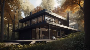 Düz çatılı, modern bir özel evin 3 boyutlu görüntüsü. Panoramik pencereli rahat bir ev