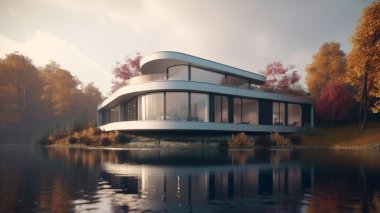 Düz çatılı, modern bir özel evin 3 boyutlu görüntüsü. Panoramik pencereli rahat bir ev