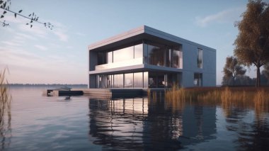 Düz çatılı, modern bir özel evin 3 boyutlu görüntüsü. Panoramik pencereli rahat bir ev