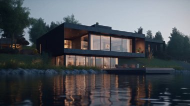 Düz çatılı, modern bir özel evin 3 boyutlu görüntüsü. Panoramik pencereli rahat bir ev