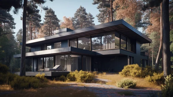 3D visualization of a modern private house with a flat roof. Cozy house with panoramic windows