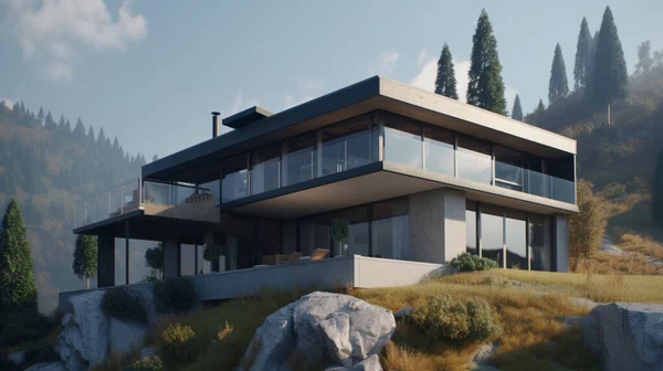 Visualisatie Van Een Modern Privé Huis Met Een Plat Dak — Stockfoto