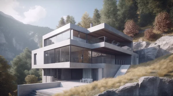 3D visualization of a modern private house with a flat roof. Cozy house with panoramic windows