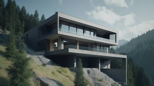 平らな屋根を持つ現代的な民家の3D可視化 パノラマの窓のある居心地の良い家 — ストック写真