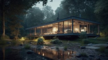 Ormandaki modern bir özel evin 3 boyutlu görüntüsü. Rahat ev.
