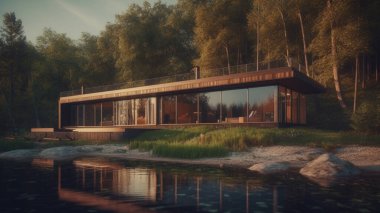 Ormandaki modern bir özel evin 3 boyutlu görüntüsü. Rahat ev.