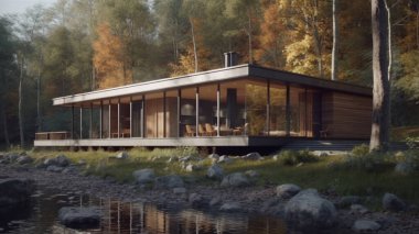 Ormandaki modern bir özel evin 3 boyutlu görüntüsü. Rahat ev.