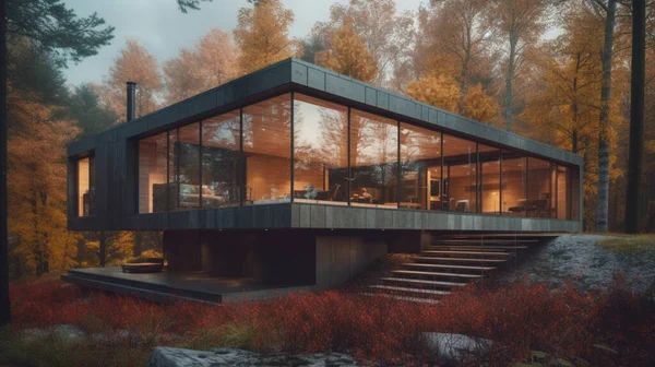 Visualisatie Van Een Modern Privé Huis Het Bos Gezellig Huis — Stockfoto