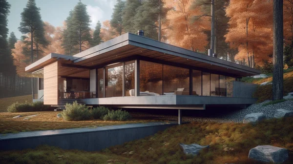 Visualisatie Van Een Modern Privé Huis Het Bos Gezellig Huis — Stockfoto