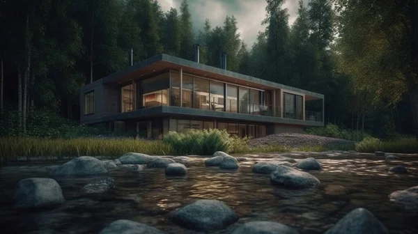 Visualisierung Eines Modernen Privathauses Wald Gemütliches Haus — Stockfoto