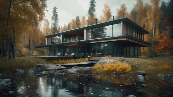 Visualisering Ett Modernt Privat Hus Skogen Mysigt Hus — Stockfoto