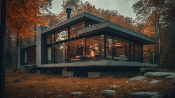 Visualización Una Casa Privada Moderna Bosque Acogedora Casa —  Fotos de Stock