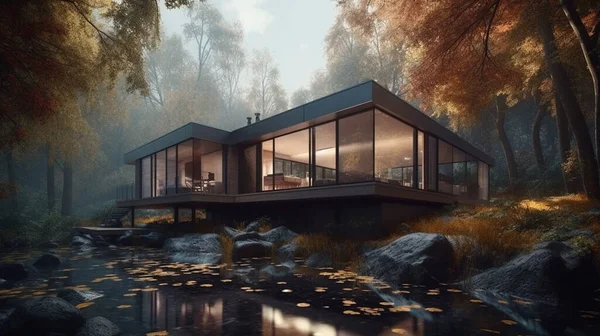 森の中の近代的な民家の3D可視化 居心地の良い家 — ストック写真