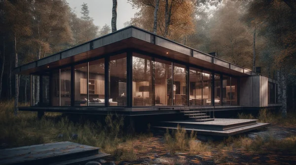 Visualizzazione Una Moderna Casa Privata Nella Foresta Casa Accogliente — Foto Stock