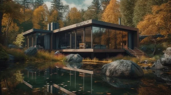森の中の近代的な民家の3D可視化 居心地の良い家 — ストック写真