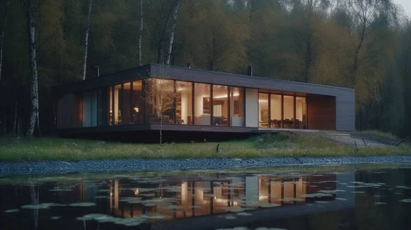Visualisering Ett Modernt Privat Hus Skogen Mysigt Hus — Stockfoto