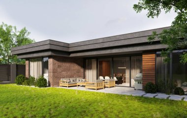 Düz çatılı ve doğayla çevrili panoramik pencereli modern bir ev. 3B görselleştirme