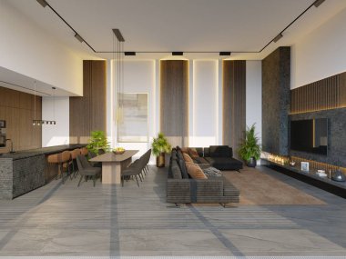 Modern bir evin içini 3 boyutlu görselleştirme. Mutfak, oturma odası ve yemek odası. Modern iç tasarım