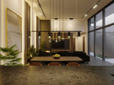Modern bir evin içini 3 boyutlu görselleştirme. Mutfak, oturma odası ve yemek odası. Modern iç tasarım
