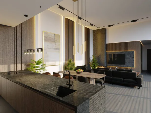 Visualización Del Interior Una Casa Moderna Cocina Sala Estar Comedor — Foto de Stock