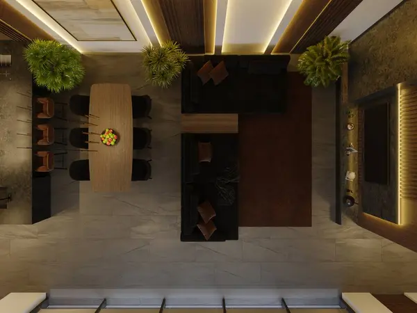 モダンハウスのインテリアを3Dで視覚化 キッチン リビング ダイニングルーム モダンインテリアデザイン — ストック写真