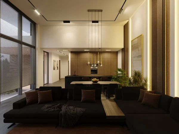 现代房屋内部的三维可视化 客厅和餐厅 现代室内设计 — 图库照片