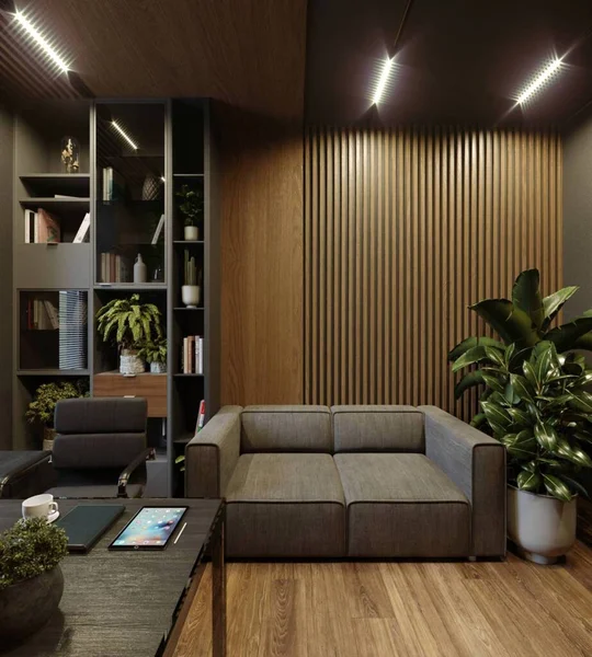 近代的なホームオフィスの3Dビジュアライゼーション 木製パネル ウォーム トーン モダンデザイン — ストック写真