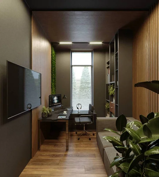 Visualización Una Oficina Casa Moderna Paneles Madera Tonos Cálidos Diseño — Foto de Stock