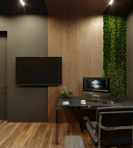 现代家庭办公室的三维可视化 木制面板 暖色调 现代设计 — 图库照片