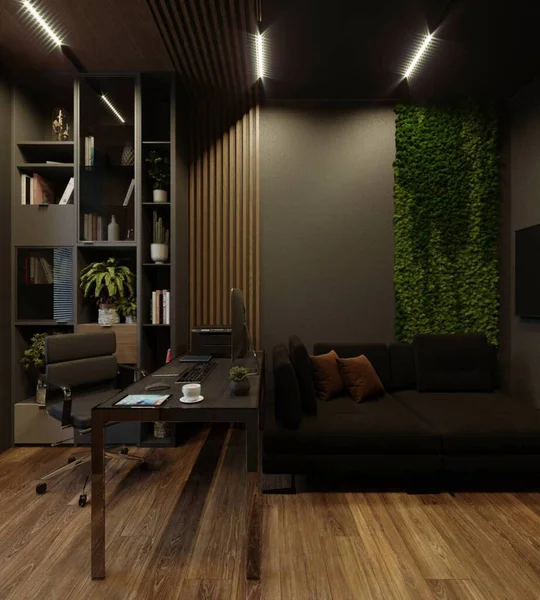 Visualisierung Eines Modernen Home Office Holztafeln Warme Töne Modernes Design — Stockfoto