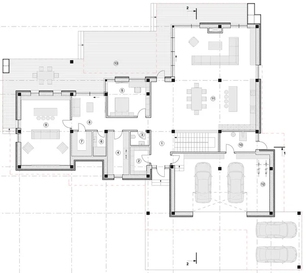 Dibujo Plan Casa Moderna Diseño Interior — Foto de Stock