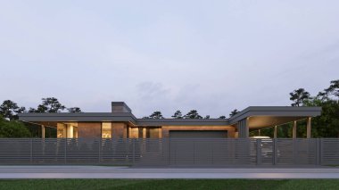 Garajı ve garajı olan modern bir evin 3 boyutlu görüntüsü. Güzel mimari. Düz çatı katı.