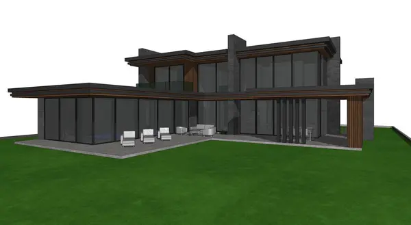 Model Moderního Domu Vizualizace Domu Bílém Pozadí Dům Plochou Střechou Stock Snímky