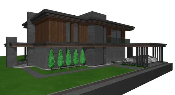 Model Moderního Domu Vizualizace Domu Bílém Pozadí Dům Plochou Střechou Royalty Free Stock Obrázky