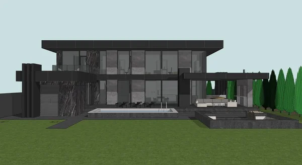 Model Moderního Domu Vizualizace Domu Bílém Pozadí Dům Plochou Střechou Stock Snímky