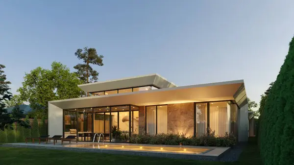 Moderní Jednopatrový Dům Panoramatickými Okny Dům Plochou Střechou Unikátní Fasádou Royalty Free Stock Obrázky